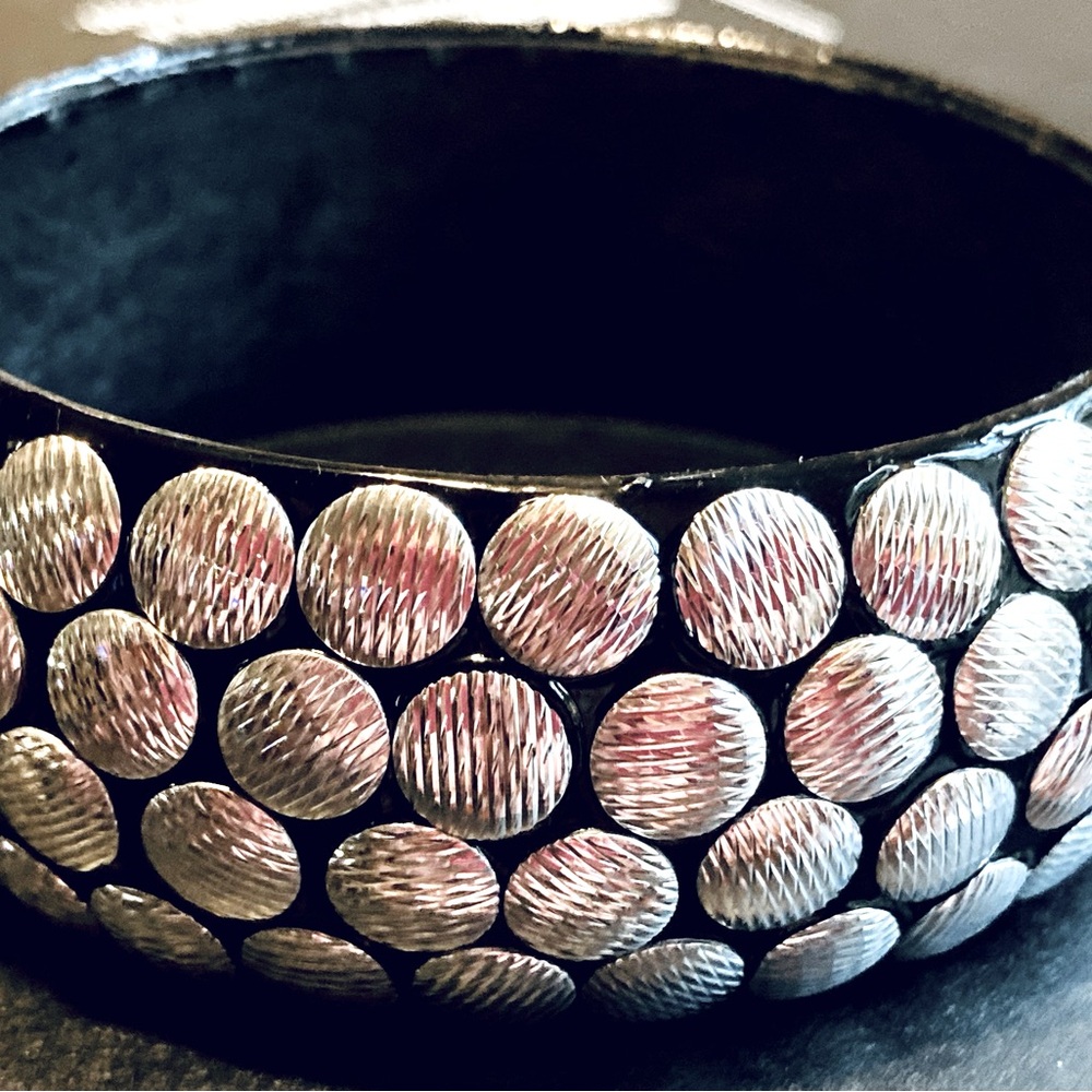 Ebony Wood Bangle with Ss Hammered Disc Design